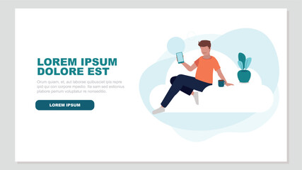 Relaxed person sitting on a cloud doing secure log in on a smartphone - cloud service concept