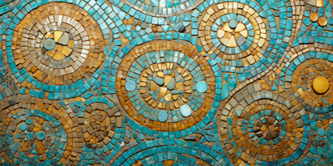 Fototapeta na wymiar Mosaic Texture With Turquoise And Gold Elements Created Using Artificial Intelligence