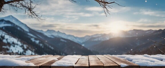 A picturesque wooden table covered in snow, set against a wintry sky backdrop, offering a serene