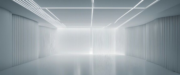 The stark white geometry with sharp light creates a forward-thinking environment for innovative products