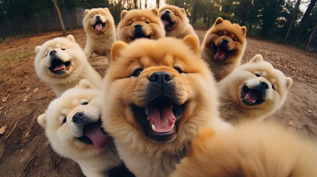 Group of funny Chow chow puppies making selfie.