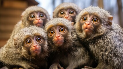 Group of funny Pygmy marmoset monkeys making selfie.