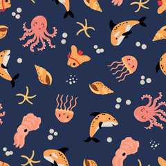 Seamless pattern with sea animals.  Octopus, shark, cuttlefish, fish, jellyfish, snacks, starfish