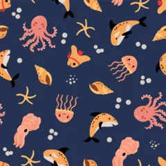 Wall murals Sea life Seamless pattern with sea animals.  Octopus, shark, cuttlefish, fish, jellyfish, snacks, starfish