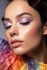 A Vibrant Portrait of a Woman in a Multicoloured Dress with Matching Makeup. Portrait of a woman with a multicoloured dress and matching makeup