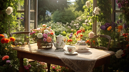Table with flowers by the window - obrazy, fototapety, plakaty