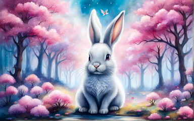 Obraz premium Cute rabbit, fantastic landscape in pink and blue tones. AI