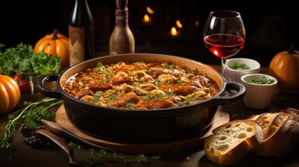 National Cassoulet Day: A rustic setting with a hearty cassoulet in a traditional clay dish, ready to be enjoyed. - obrazy, fototapety, plakaty