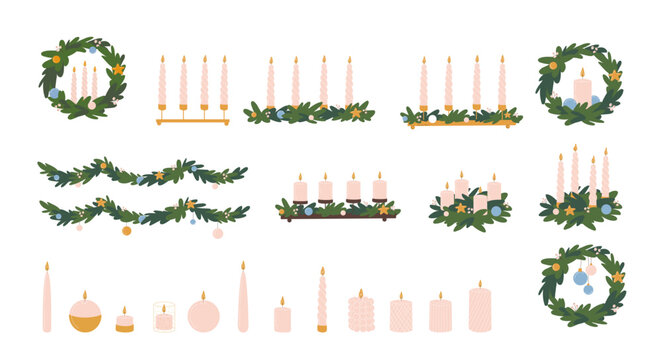 Advent set with wreath,garland,baubles and branches.Vector illustration