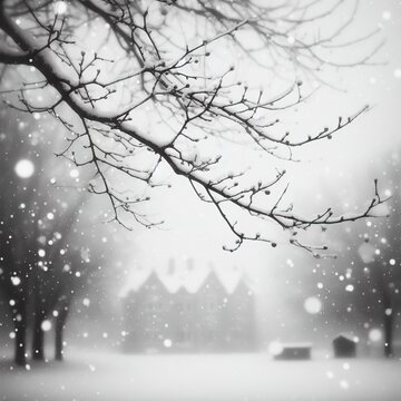 black and white photo of snow falling