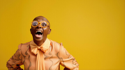 Young african american man wearing sunglasses and yellow jacket very happy and excited looking winner gesture with victory celebrating big smile and screaming. hands on celebration concept - obrazy, fototapety, plakaty