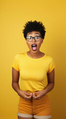 Obraz premium Surprised young african woman with yellow hair looking at camera on grey