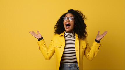 Portrait of excited young woman with curly hair wearing casual yellow jacket celebrating new year with raised hands, raising clenched fists, celebrating victory,