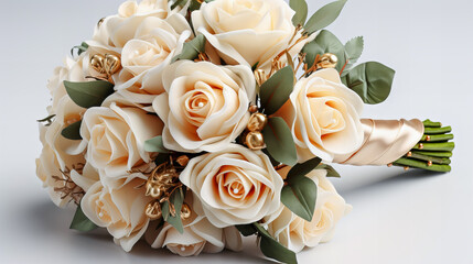 Beautiful wedding bouquet of roses on a white background.  Generative AI technology