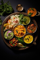 Typical Indian dish Thali. Vegetarian dishes on one large round plate.
