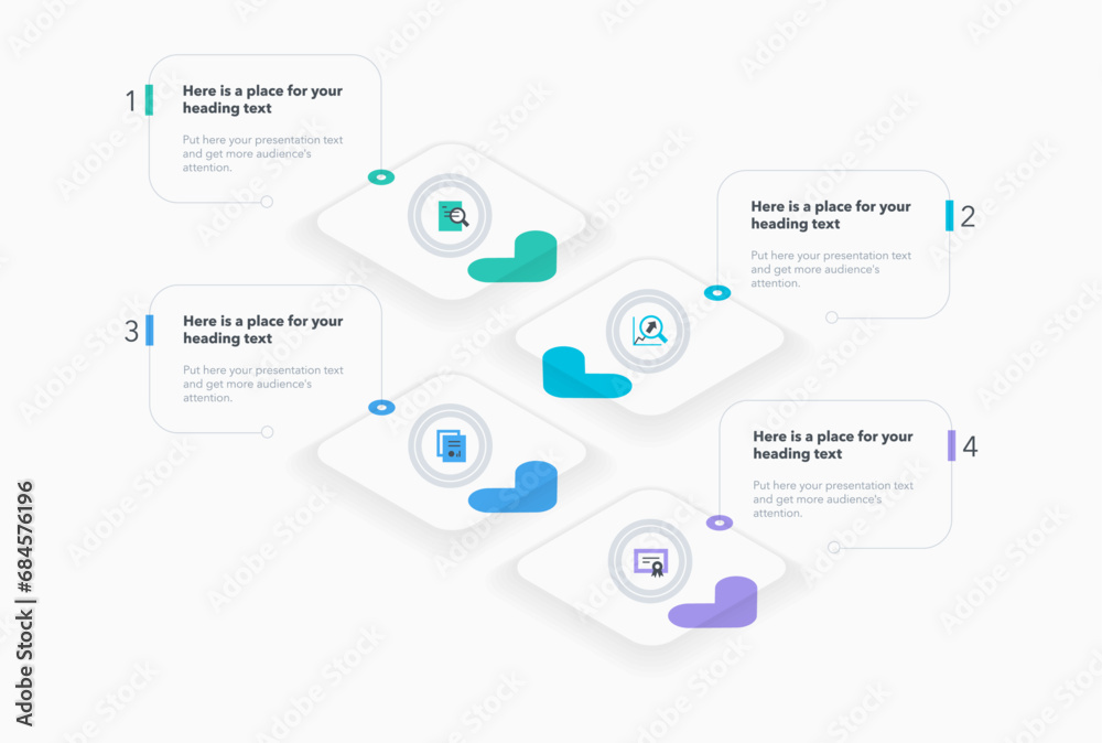 Leinwandbilder Isometric arrow process flow diagram with four colorful steps. Presentation template with thin lines and flat icons. 
