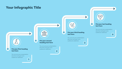 Modern stairs process template with four stages - blue version. Flat infographic design with minimalistic icons and place for your texts.