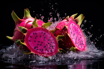 Dragon fruit or pitaya in a splash of water on a dark background. Generative AI.