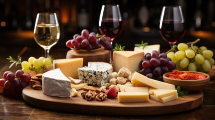 National Cheese Lover Day: A cheese-tasting event with an assortment of cheeses, grapes, and wines on a rustic wooden table