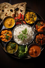 Typical Indian dish Thali. Vegetarian dishes on one large round plate. - 684576572