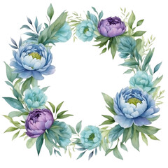 Watercolor illustration of blue and purple peony flowers border. Flower frame for decoration.Creative graphics design. 