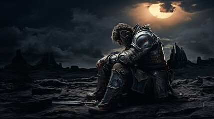 The tired knight in the plate armor - obrazy, fototapety, plakaty