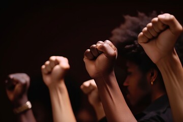 Empowering image of the Black Lives Matter movement: individuals of African American descent raising their fists in solidarity, advocating for justice, equality, and recognition of their rights. - obrazy, fototapety, plakaty