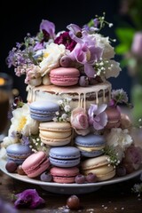 Obraz na płótnie Canvas Birthday cake adorned with edible flowers, macarons, and meringue kisses for a chic celebration, Generative AI
