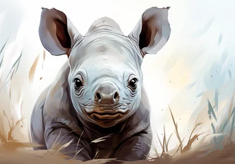 Rolgordijnen Sweet and cute little rhino portrait in pastel colors. Invitation card. AI generated © Alicina