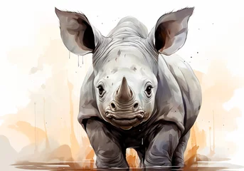 Poster Sweet and cute little rhino portrait in pastel colors. Invitation card. AI generated © Alicina