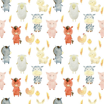 Watercolor farm seamless pattern with animals. Cute cartoon characters.