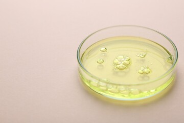 Petri dish with color liquid sample on beige background, closeup. Space for text