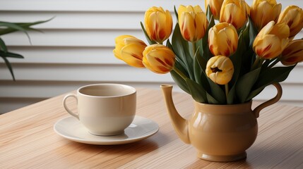 Fototapeta na wymiar Beautiful Tulips Cup Tea On White , Background HD, Illustrations