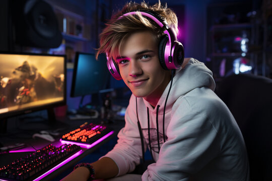 Young smiling blond man sitting in front of his desktop computer