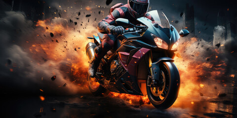 A motorcyclist in full uniform rides at high speed on a sports motorcycle. Motorsport