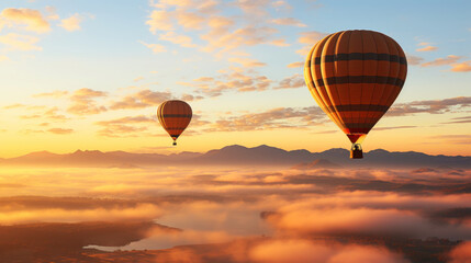 Obraz premium Colourful hot air balloons flying over the mountain in the haze at dawn. Travel concept. Generative AI