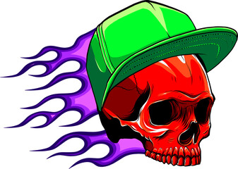 Illustration of a skull in skateboarder cap. Design element for poster, card, banner, sign. Vector