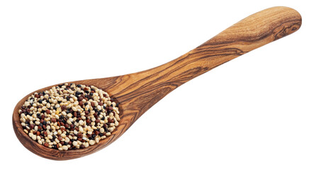 Quinoa seeds mix in wooden spoon isolated on white background