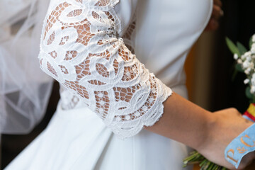 manga puño, novia, vestido, blanco, detalle, bordado