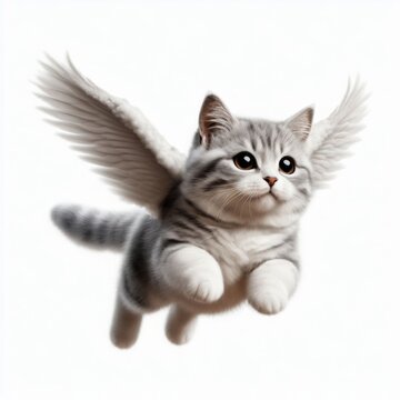 flying cat on white background