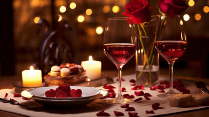 close up of romantic table setting with wine glasses for valentine's day celebration - obrazy, fototapety, plakaty