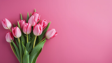 tulip bouquet on pink background, romantic anniversary, woman's day, or Valentine's,  Day background,  left side composition