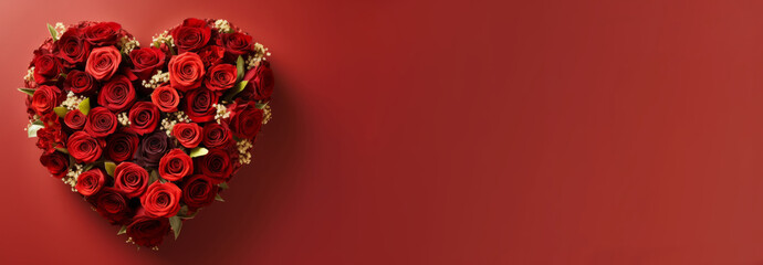 top view of a heart-shaped gift box filled with red roses for Valentine's day, copy space banner