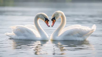 Foto op Plexiglas two swans in the lake creating a heart shape, a romantic anniversary, or valentine's Day background © Anastasia Shkut