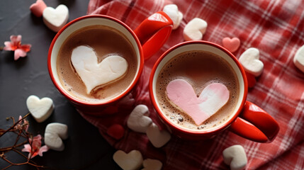 top view of two red mugs with hot cocoa and heart-shaped marshmallows for valentine's day morning