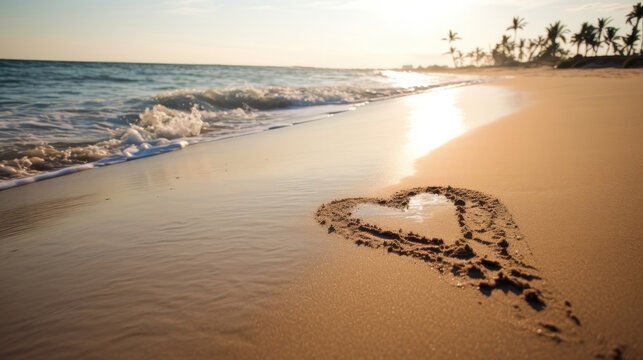 tropical beach landscape with a heart drawn on the sand, romantic anniversary, or valentine's Day background