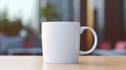 Fototapeta premium White Mug Mockup Against the Background of Blurred Lights. Empty mug mock up for brand promotion.