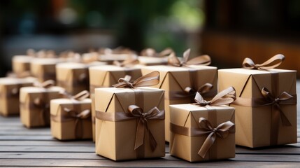Boxes Gifts Tied Bows On Wooden , Background HD, Illustrations
