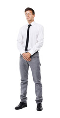 Portrait, businessman and serious with confidence in studio for corporate mockup on white...