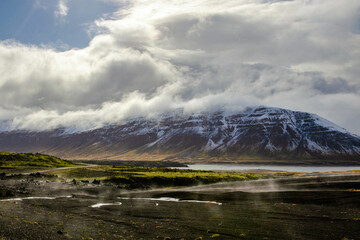 Mystic Icelandic lava fields under the clouds